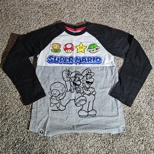 Nintendo Super Mario Boys Long Sleeve Raglan Shirt Grey Black Kids Size L 10/12